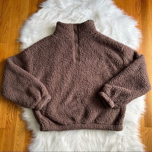 Women’s SO Brown Fuzzy Cropped 3/4 Zip Coat Large - Picture 1 of 3